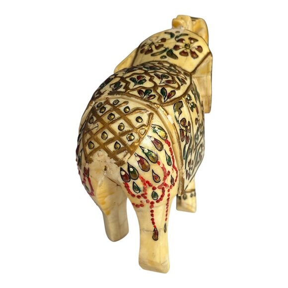 VTG Hand-Painted Faux Bone Elephant Figurine – 7” Carved Sculpture with Floral D - Picture 2 of 6